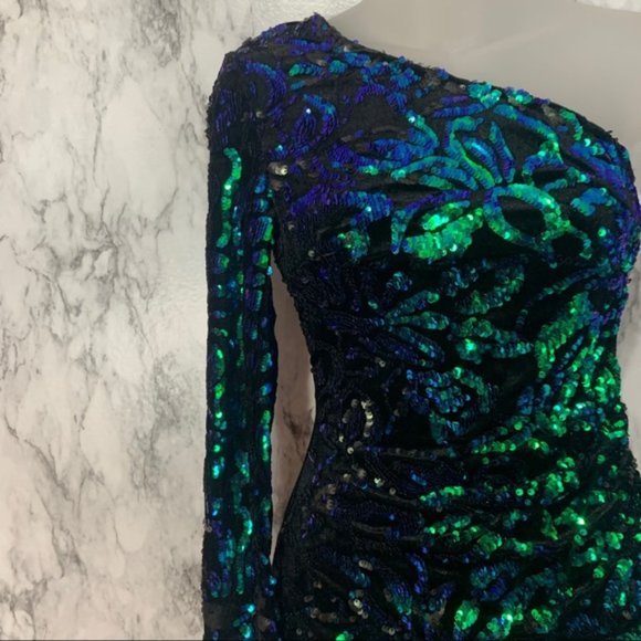 Parisian Sequin Blue Green One Sleeve Dress size 2 - Picture 7 of 7